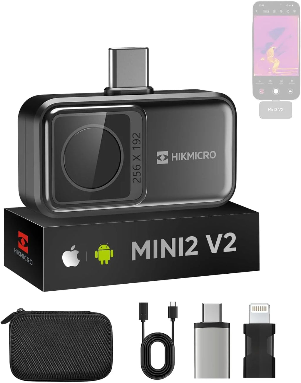 Kamera termowizyjna HIKMICRO Mini2 V2 - iOS/Android, rozdzielczość 256 x 192 IR, SuperIR, szeroki kąt 50°, USB-C/Lightning (obsługuje iPhone 15)
