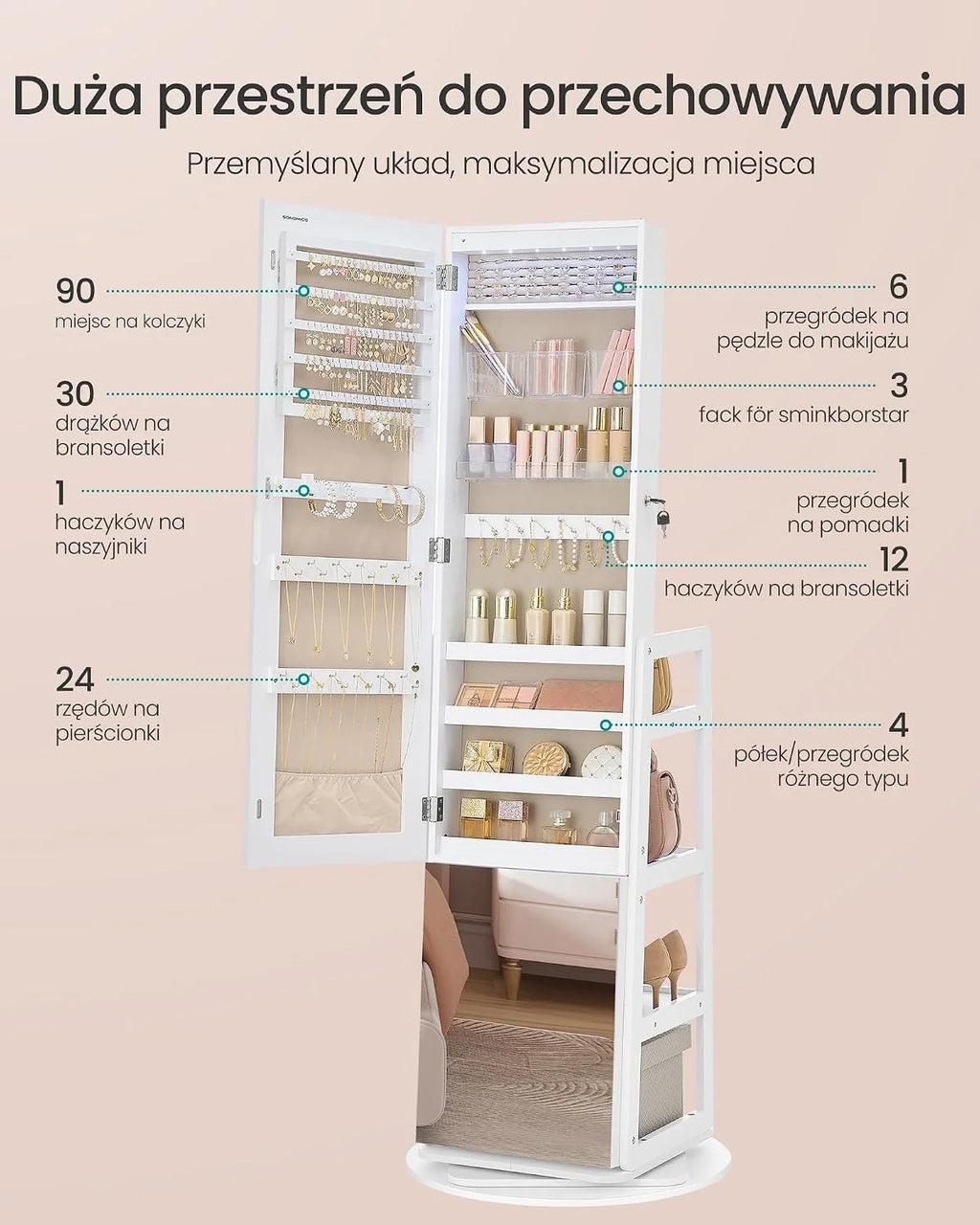 SONGMICS Szafka na biżuterię z długim lustrem, LED, obrotowa o 360°