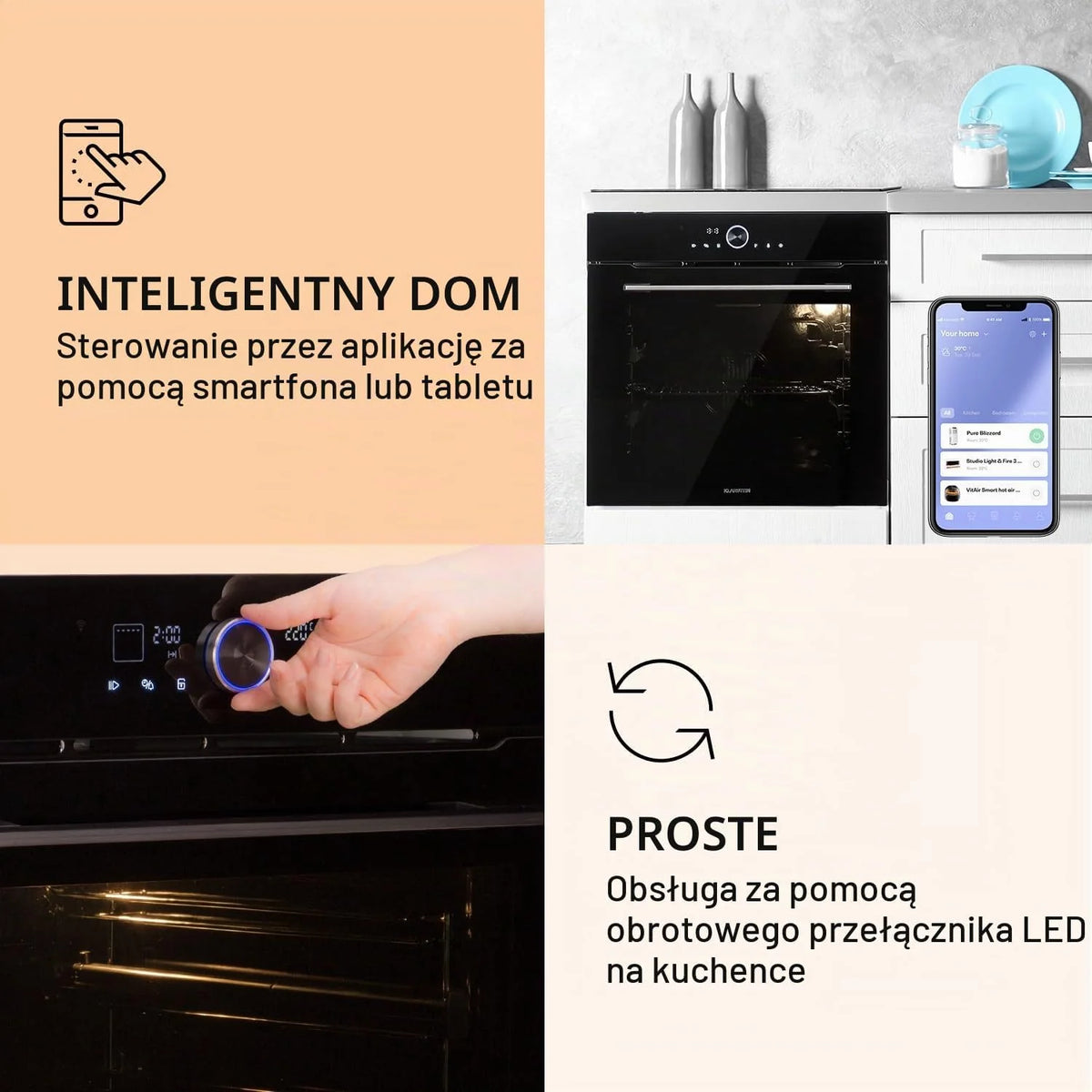 Klarstein Piekarnik do zabudowy z 11 trybami, Piekarnik z wtyczką, z funkcją rozmrażania i grilla, 73L ze sterowaniem aplikacją i pokrętłem, elektryczny czarny