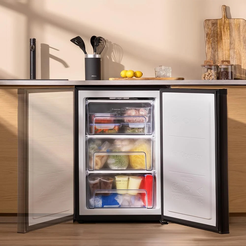 Cecotec Zamrażarka Szafa 97 L Bolero CoolMarket TF 97 Czarna. Klasa energetyczna E, Kompaktowa konstrukcja, Drzwi odwracalne, 3 szuflady, Wymiary 55,1 x 57,5 x 83,5 cm, Kolor czarny