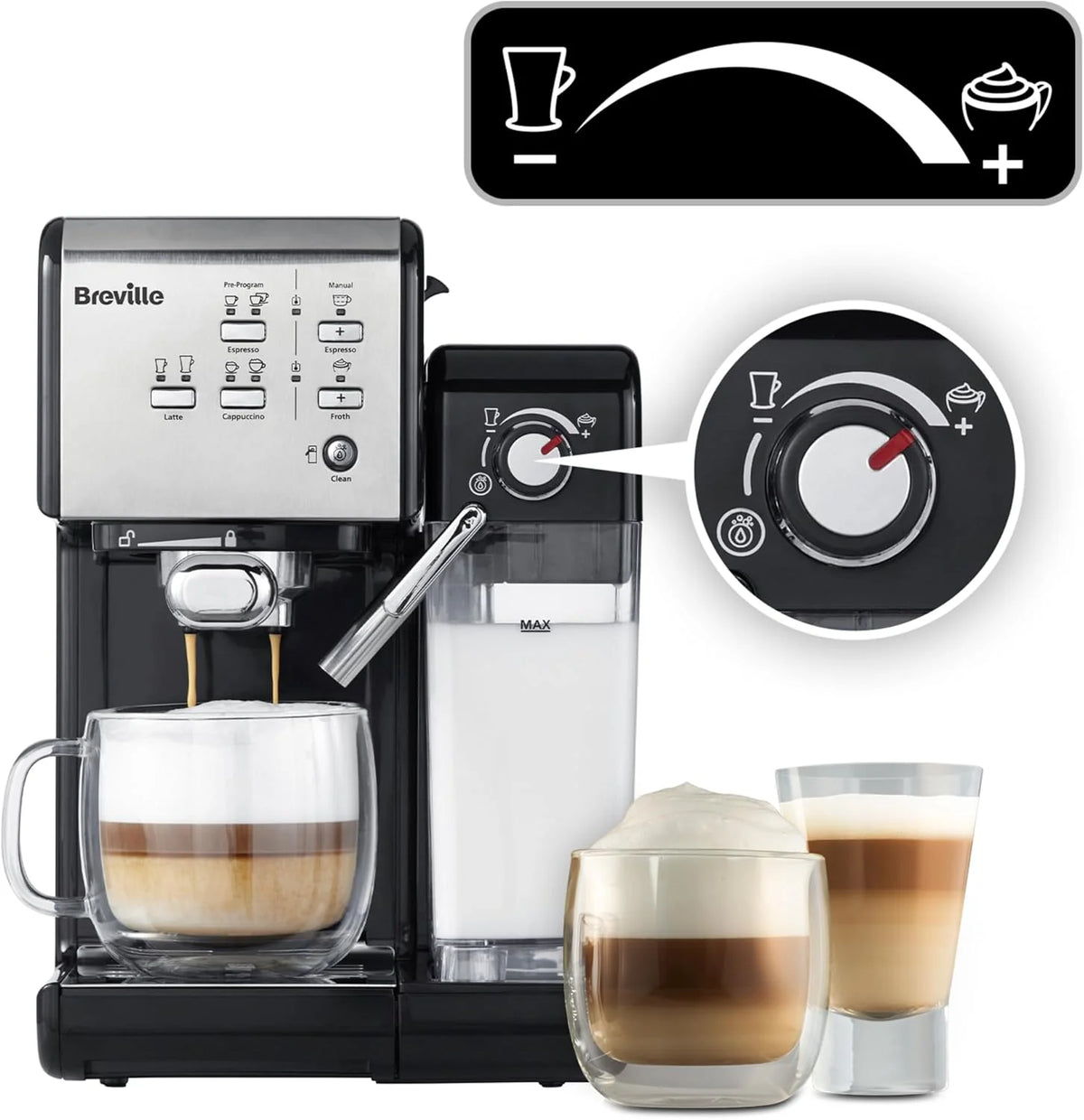 Breville Ekspres do kawy Kolbowy PrimaLatte II VCF108X, 19 Bar, Zintegrowany automatyczny spieniacz do mleka, wyjmowany pojemnik na mleko, Srebrny