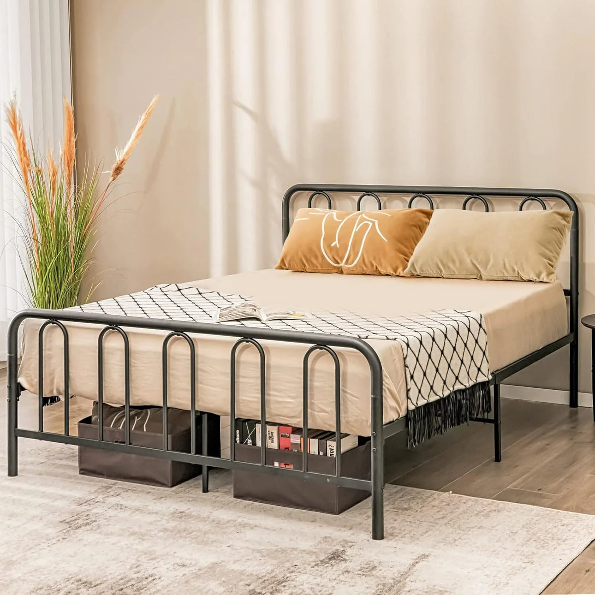 COSTWAY Metalowa rama łóżka, na materac 200 x 160 cm, rama łóżka podwójnego, ze stelażem, z miejscem do przechowywania pod łóżkiem, metalowe łóżko dla gości