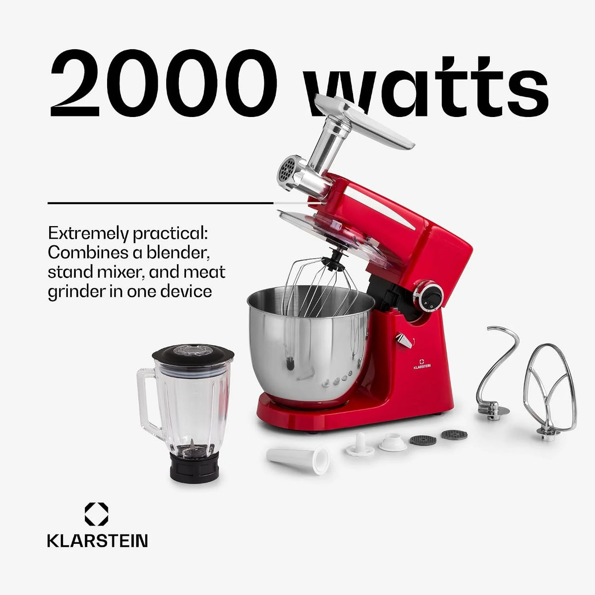 Klarstein Robot kuchenny, uniwersalny robot kuchenny, 3 w 1, mikser i miksery, maszyna do robienia ciasta z maszynką do mięsa, robot kuchenny, maszyna do ugniatania ciasta, miska 10 l, 2000 W