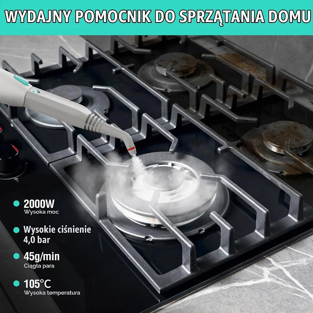 HAUSHOF Myjka parowa 2000 W, ze zbiornikiem 1,5 l, maks. ciśnienie pary 4 ,0 bar, czas nagrzewania 8 min, czas parowania do 30 min, w zestawie 16 akcesoriów i kabel zasilający 3 m, do podłóg, dywanów