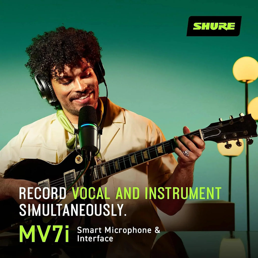 Shure Mikrofon MV7i Smart Podcast + Wbudowany Interfejs Audio – Zestaw Sprzętu z 2 Kanałami dla Podwójnych Mikrofonów XLR lub Mikrofon + Instrumenty XLR - Bezpośrednie Połączenie USB-C z PC/Telefonem