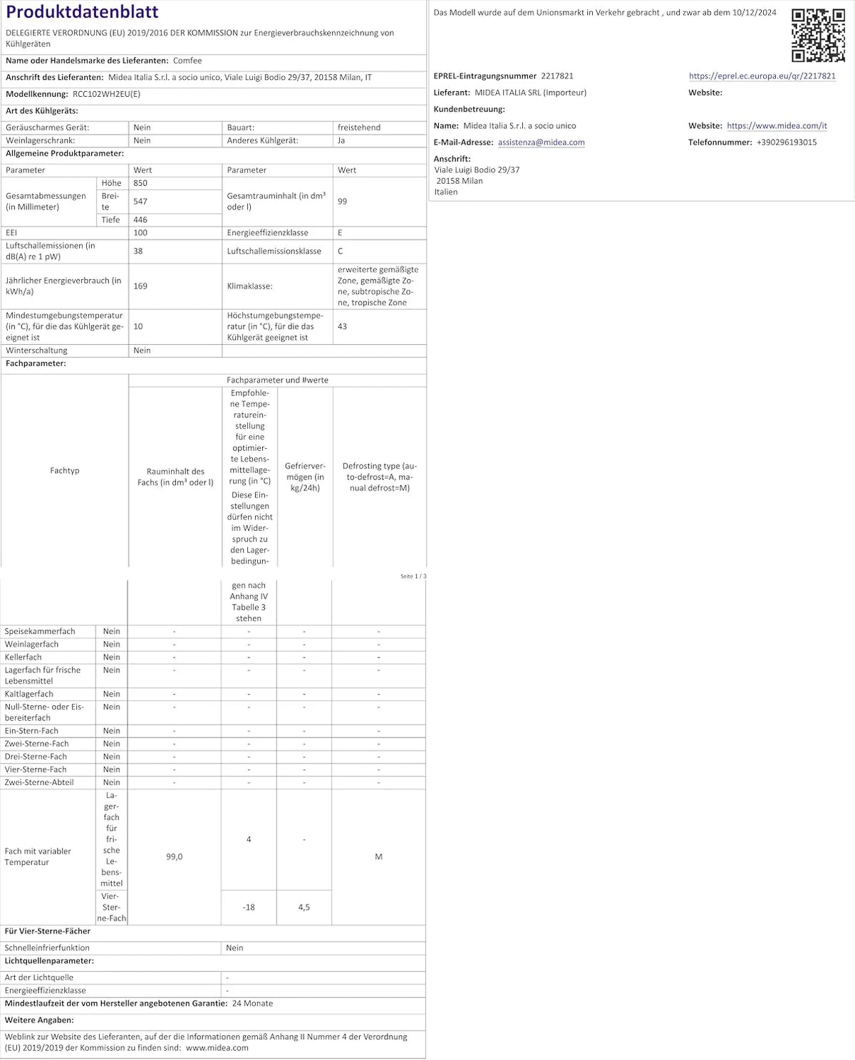 Comfee ' RCC102WH2EU(E) Wolnostojąca zamrażarka skrzyniowa 99L, konwertowalna do zamrażarki/lodówki, inwerter, 4 gwiazdki, nadaje się do garaży, biała [klasa energetyczna E]