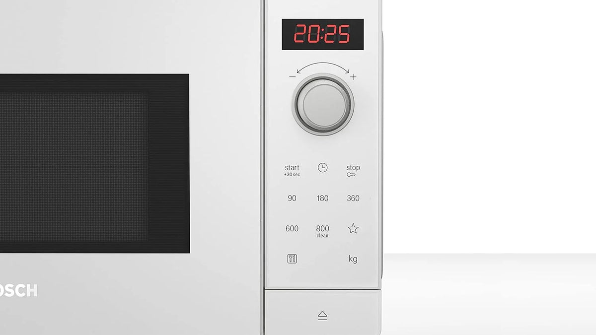 Bosch FFL023MW0 seria 2 kuchenka mikrofalowa, 26 x 44 cm, 800 W, talerz obrotowy 27 cm, zawias drzwi z lewej strony, AutoPilot 7 7 programy automatyczne, obsługa czyszczenia, wyświetlacz dotykowy LED,