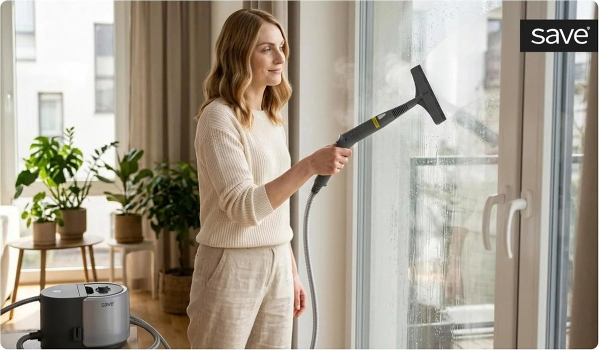SAVE Myjka parowa 2000 W 2 w 1 z ręczną myjką parową, 4 bary, zbiornik na wodę 1,5 l, gorąca para 135°C, 13-częściowy zestaw akcesoriów do podłóg, płytek, okien, łazienki i kuchni
