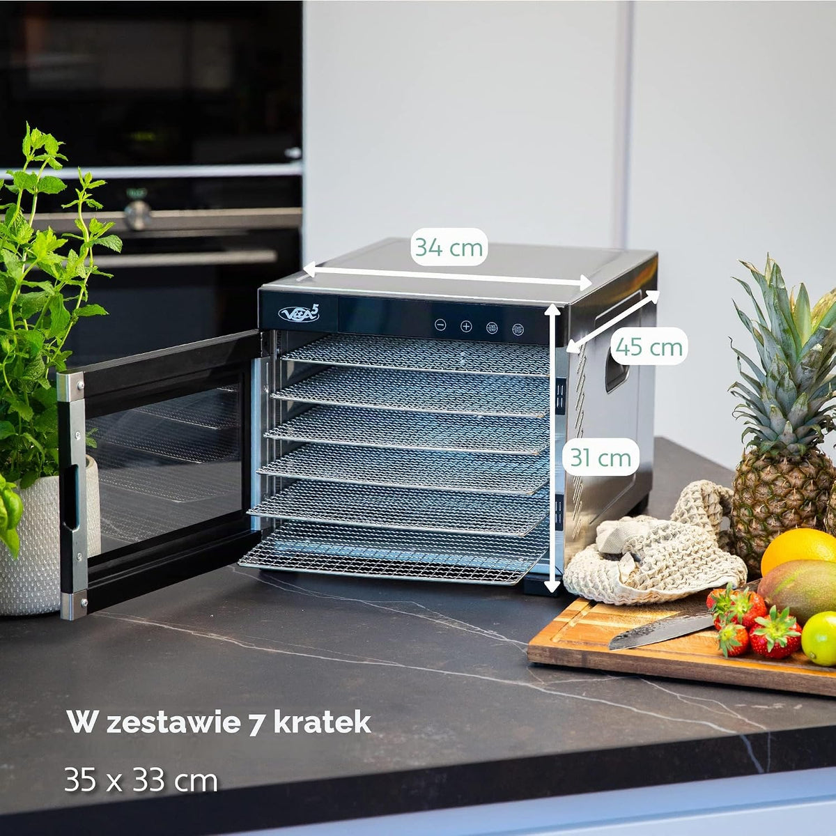 Vita5 Suszarka do Zywności z 7 Tackami ze Stali Nierdzewnej - Elektryczna suszarka do owoców. warzyw i mięsa o mocy 650 W - Timer 24-Godzinny i Regulowana Temperatura 35–75°C
