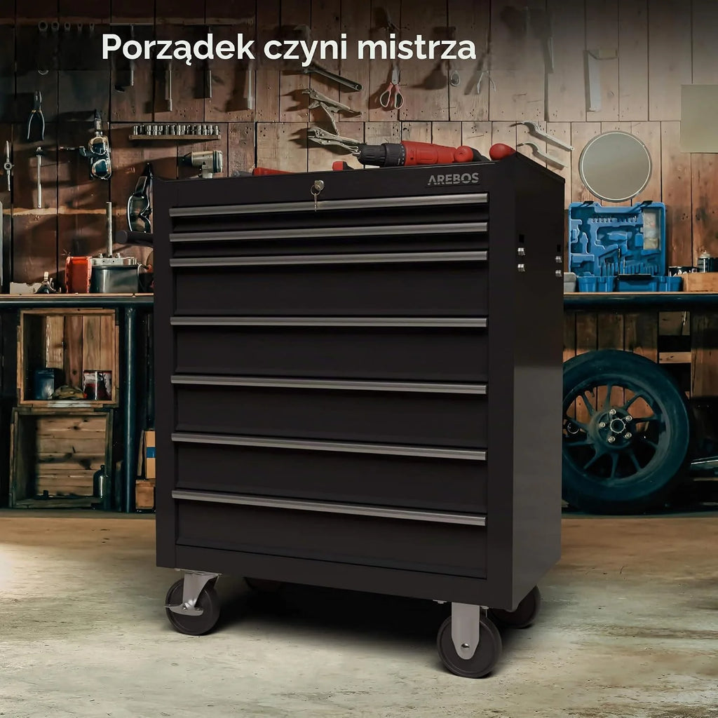 Arebos Wózek warsztatowy z 7 półkami | centralnie zamykany | powłoka antypoślizgowa | koła z hamulcem postojowym |masywny metal | czarny