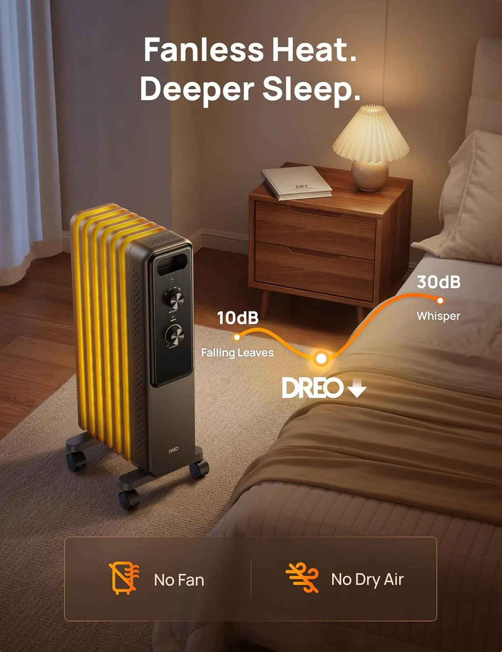 Dreo Grzejnik olejowy 2000 W z 9 elementami, cichy grzejnik elektryczny do sypialni, regulowany termostat, ochrona przed przegrzaniem i przewróceniem, blokowanie dzieci i oszczędność energii