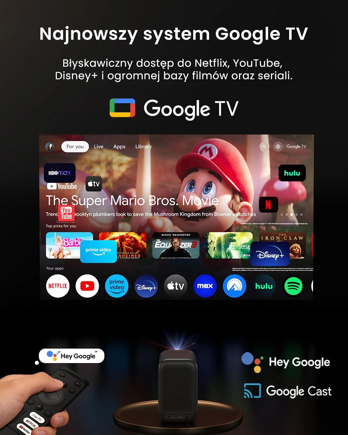 WEMAX Projektor Google TV 1080P Full HD, 500 ISO Lm, Obsługa 4K, MEMC Płynność Ruchu na Mecze 2026, W pełni Uszczelniona Optyka, Autofokus AI, HDR10, Dolby Audio, WiFi 5G, Bluetooth