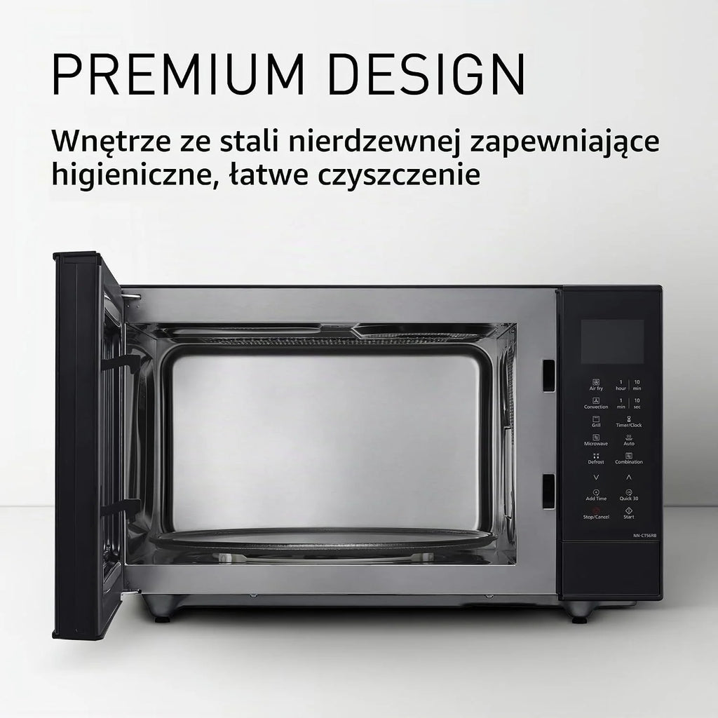 Panasonic NN-CT56RBEPG 27 l kuchenka mikrofalowa kombi 4 w 1 z Airfryer, inwerter 1000 W, 19 automatycznych programów, grill konwekcyjny, oszczędność miejsca, smukła konstrukcja, czarna