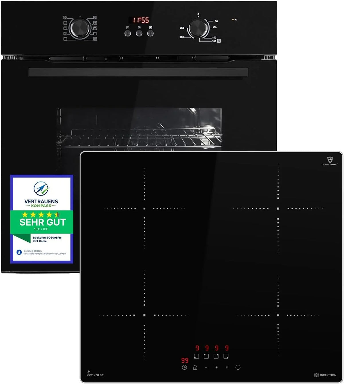 KKT KOLBE Automatyczny zestaw kuchenny | 60 cm piekarnik do zabudowy BO8005FB | 59 cm płyta kuchenna indukcyjna IH85900ED | grill z gorącym powietrzem | timer | szkło termochronne | zabezpieczenie dla