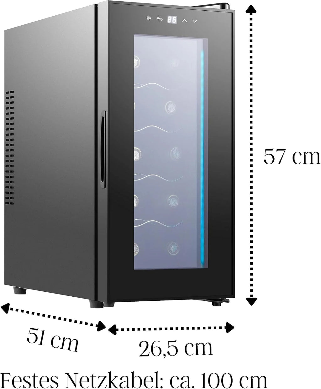 Echos Lodówka na wino, na 10 butelek, 28 l, oświetlenie LED, chłodziarka do wina, mini lodówka na wino, mini bar ze szklanymi drzwiczkami