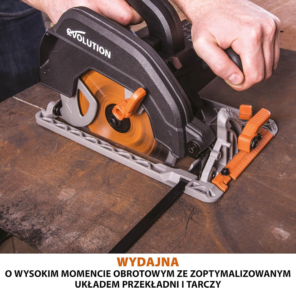 Evolution Power Tools R185CCSX Piła tarczowa i prowadnica do różnych materiałów, tnie drewno, drewno z gwoździami metal stal aluminium plastik, opcja odchylenia, w zestawie prowadnica 1020 mm, 185 mm