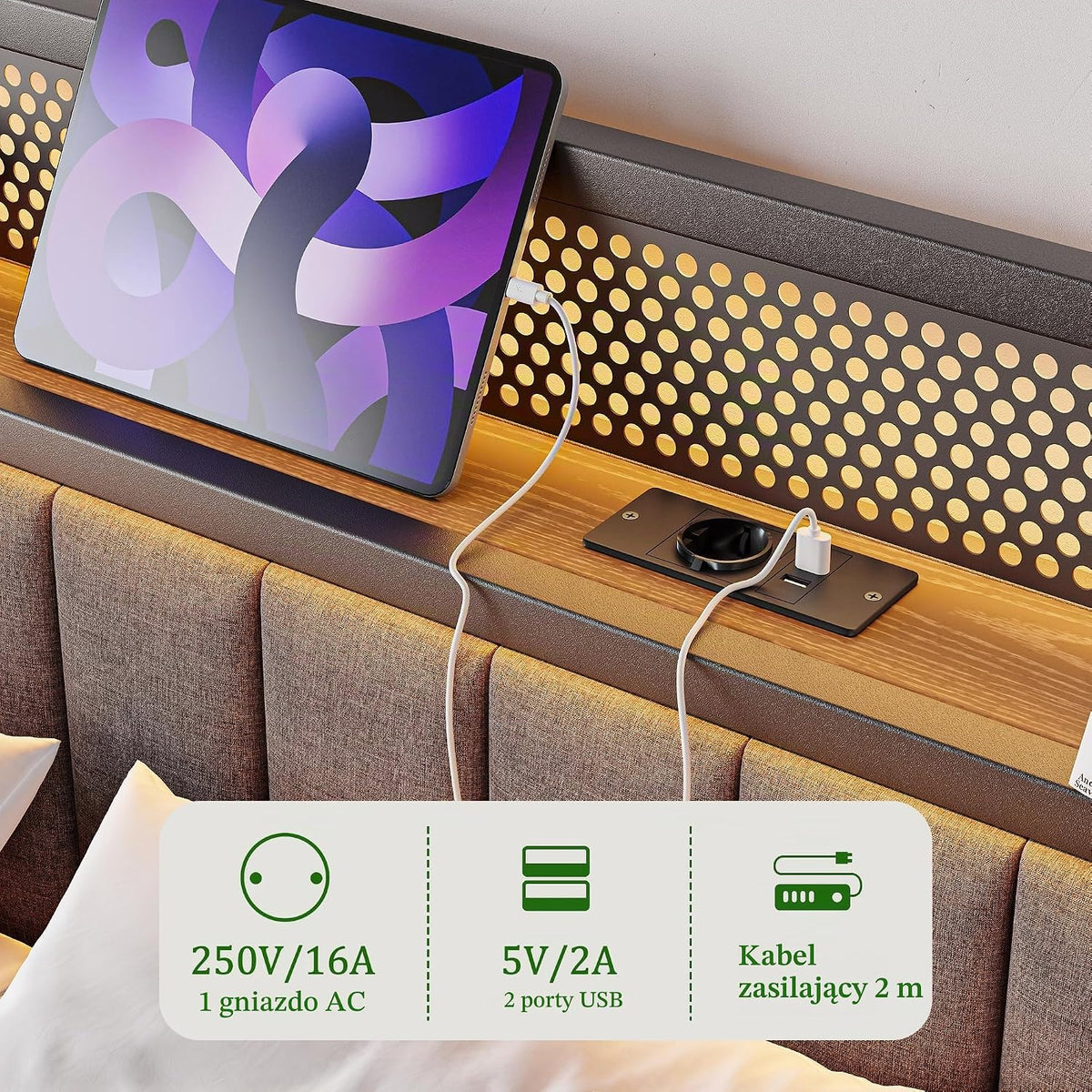 Rama łóżka z diodami LED, stacja ładująca, łóżko podwójne/pojedyncze łóżko dla gości, metalowe łóżko tapicerowane, 120 x 200 cm, rama łóżka z metalu, łóżko młodzieżowe ze stelażem, zagłówkiem