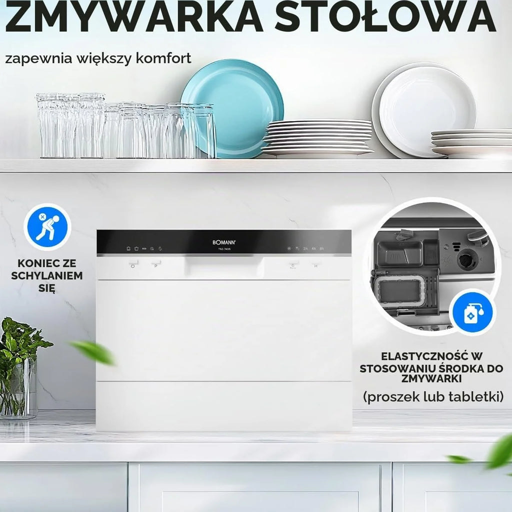 Bomann, Zmywarka kompaktowa TSG7405-biała, 6 poziomów ustawień, 5 programów zmywania, Wskaźniki LED, Automatyczne otwieranie, Zabezpieczenie przed przepełnieniem,