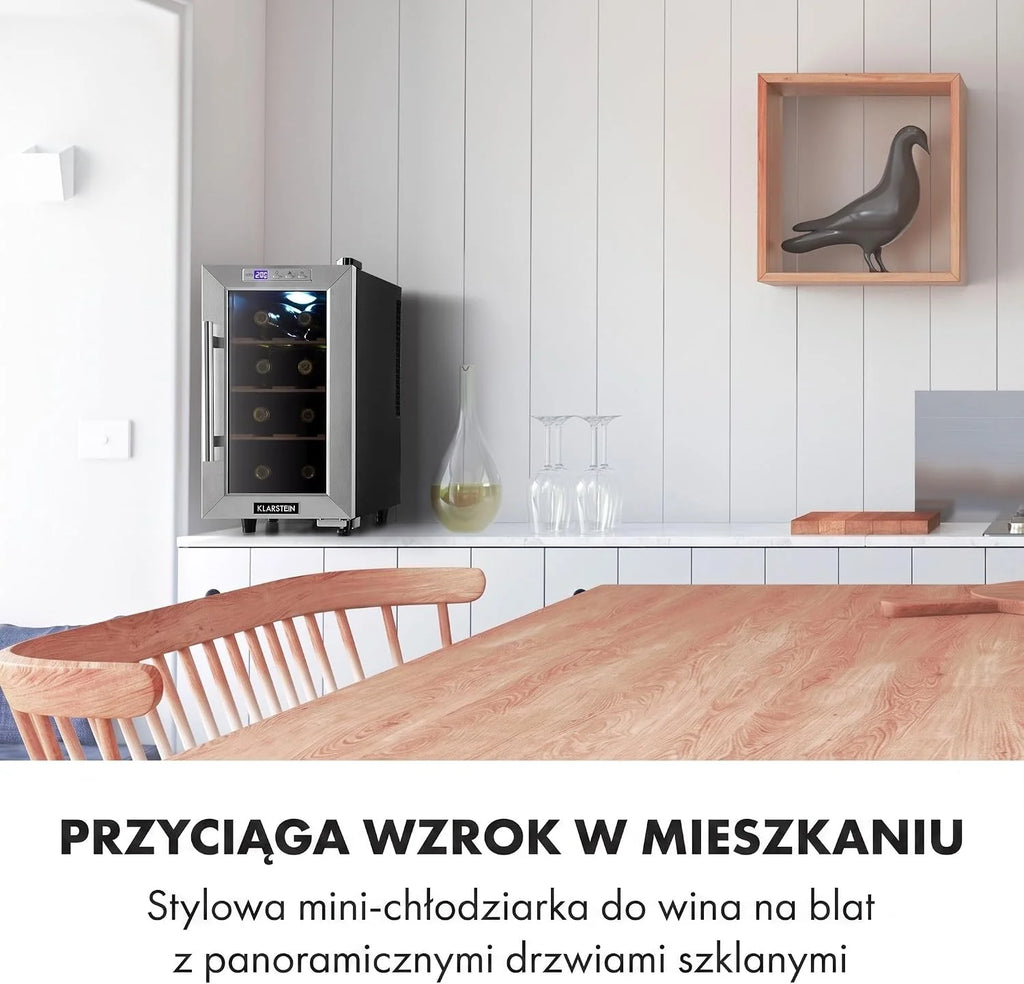Klarstein Chłodziarka do wina, Wąska lodówka na napoje, 1 strefa, lodówka ze szklanymi drzwiami, Zewnętrzne lodówki wolnostojące, Mała chłodziarka do wina, z ochroną UV, 11-18°C, 6 butelek