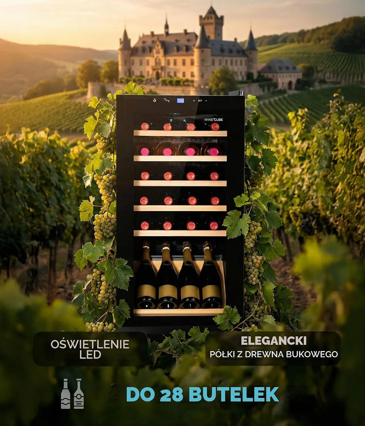 °CUBES Lodówka na wino, 28 butelek (90 l) z eleganckimi szklanymi drzwiami i wysokiej jakości półkami z drewna bukowego, 5-18°C, niski poziom wibracji i cicha (40 dB) | szafka na wino z wyświetlaczem