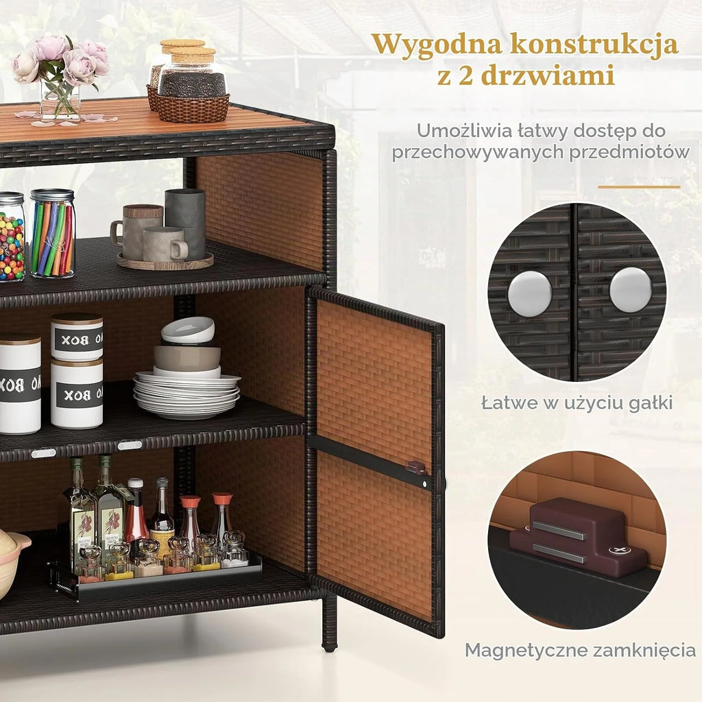 COSTWAY Szafka ogrodowa, rattanowa, szafka tarasowa z blatem roboczym z drewna akacjowego, otwartą półką i podwójnymi drzwiami, szafka do przechowywania na zewnątrz, do ogrodu, na taras, 90 x 53 x 86