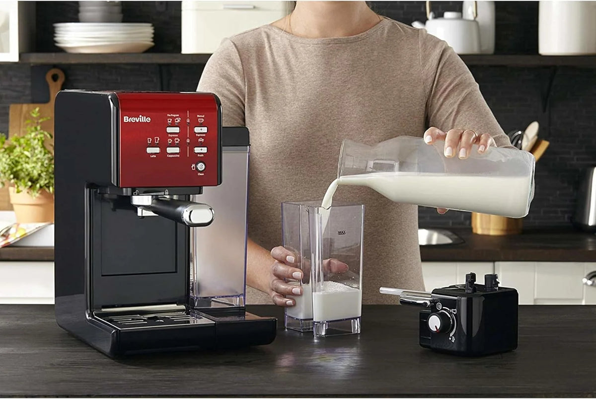 Breville Ekspres do kawy Kolbowy PrimaLatte II VCF109X, 19 Bar, Zintegrowany automatyczny spieniacz do mleka, wyjmowany pojemnik na mleko, Czerwony