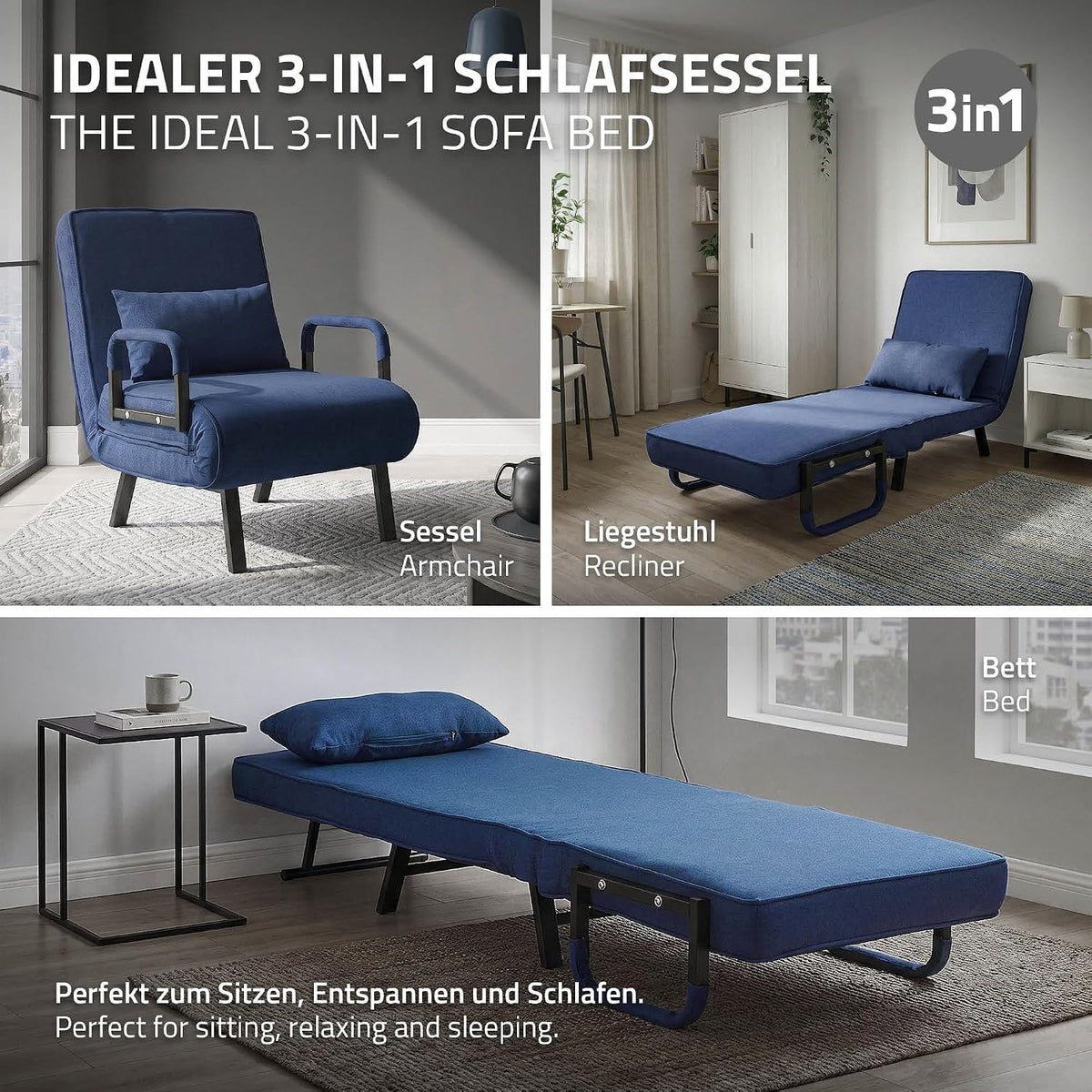 ML-Design Fotel Rozkladany 3 w 1 z Funkcja Spania, Skladany z Regulowanym Oparciem, Rozkladana Sofa dla Gosci, Lózko Jednoosobowe, Stelaz Stalowy, Miekka Tkanina Chenille, Wygodny do Salonu, Niebieski