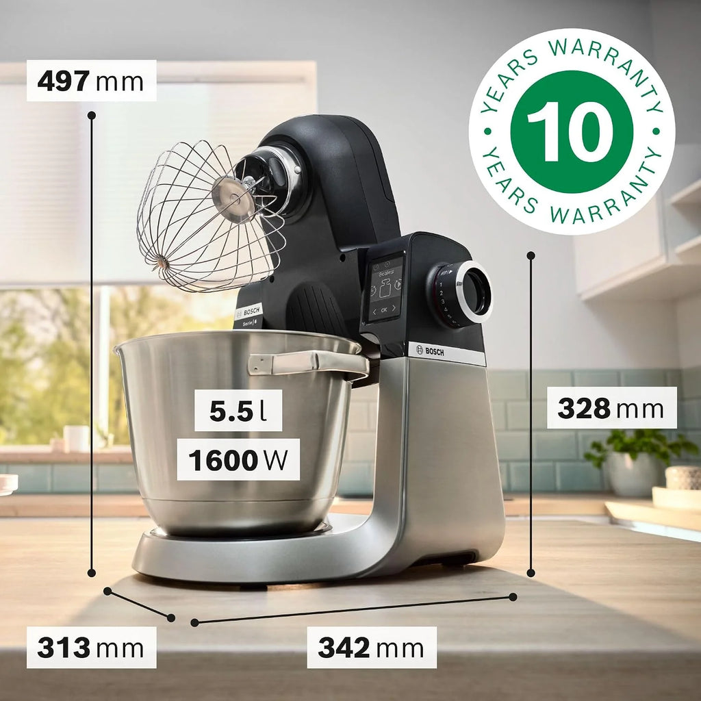 Bosch Robot kuchenny seria 6, 2 miski 5,5 l (stal nierdzewna, tworzywo sztuczne), waga zintegrowana, 7 programów automatycznych, 7 stopni, mieszadło planetarne, hak do zagniatania/miotła silikonowa