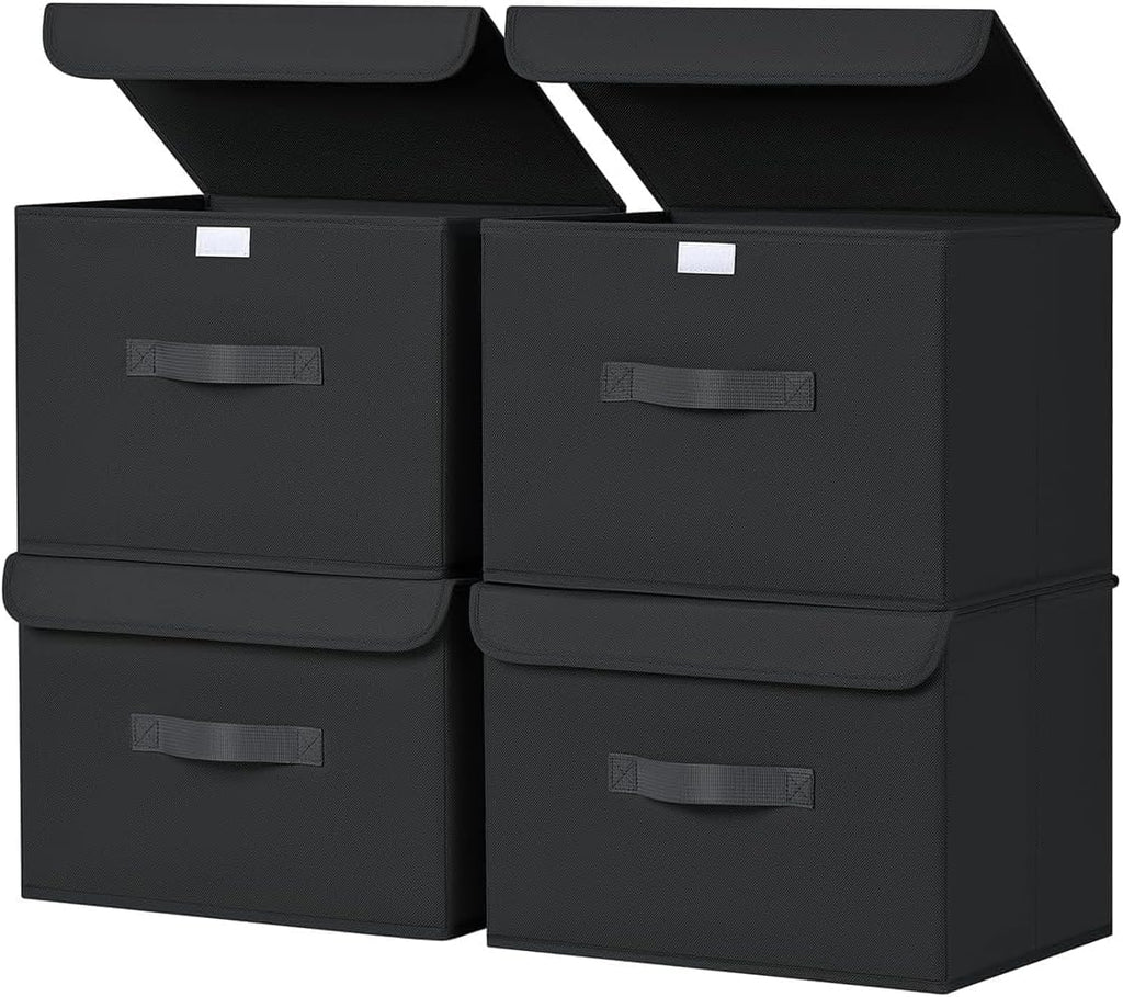 Homsorout Pudełka do przechowywania z pokrywkami - zestaw 4 składanych pojemników z uchwytami, pudełka do szafy, 38 x 25 x 25 cm Organizery na ubrania, półki, czarne