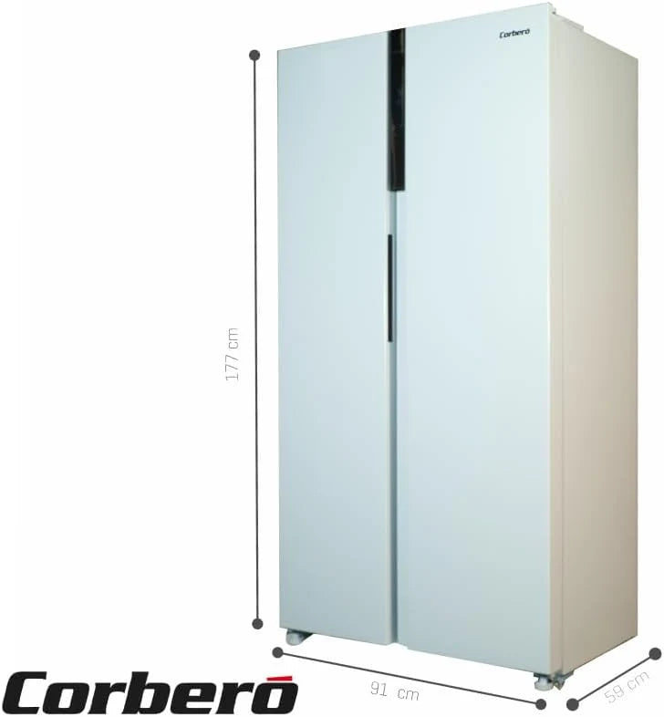 Corberó - Amerykańska lodówka | CFSBSH634NFW | 442L | 186 cm | No Frost | Inwerter | Wyświetlacz | Światło LED | 2 szuflady | Funkcja ECO | Półki szklane | Srebrny wykończenia | biały