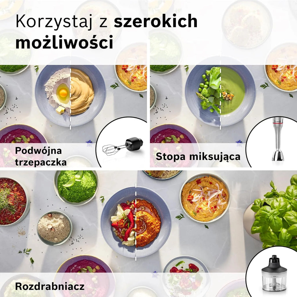 Bosch, blender ręczny, ErgoMaster Serie 8, silnik 1500 W, intuicyjna regulacja prędkości, 6-ramienne ostrze, akcesoria w zestawie, stal nierdzewna, MSM8M934