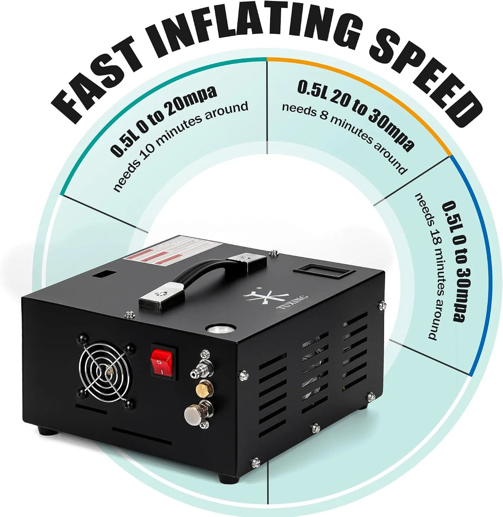 Sprężarka powietrza TUXING Pcp, 4500Psi 30Mpa, bezolejowa/wodna, zasilana samochodem 12 V DC lub domowym 220V AC z adapterem (w zestawie), pompa do wiatrówek i wiatrówek PCP (TXES061)