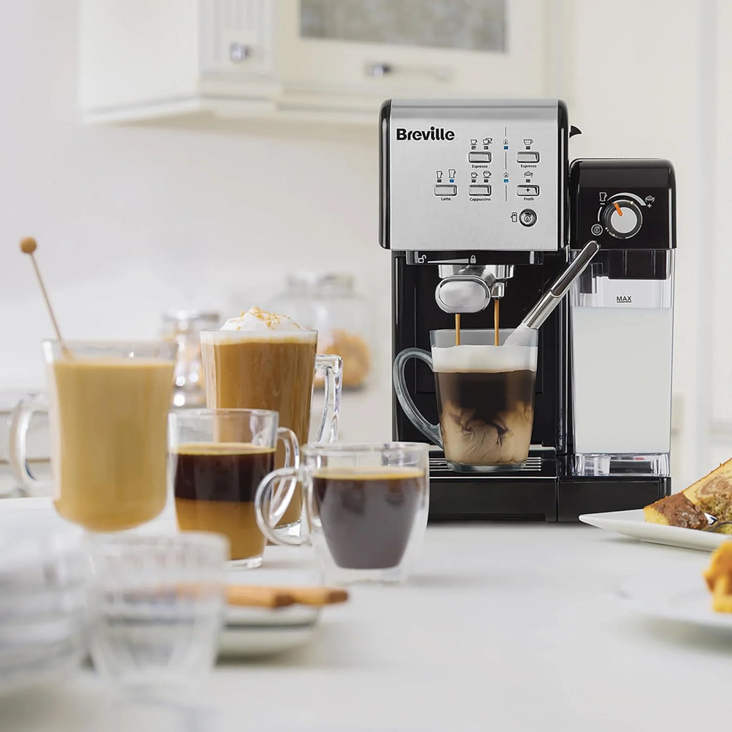 Breville Ekspres do kawy Kolbowy PrimaLatte II VCF108X, 19 Bar, Zintegrowany automatyczny spieniacz do mleka, wyjmowany pojemnik na mleko, Srebrny