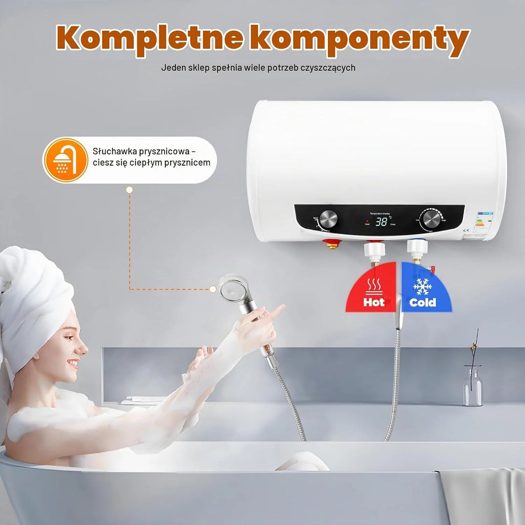 Elektryczny zbiornik ciepłej wody o pojemności 35 l, moc grzewcza 2000 W, bojler ciepłej wody, ochrona przed wyciekiem, ulepszone poziome zawieszenie ścienne 25-75°C bojler wodny [klasa