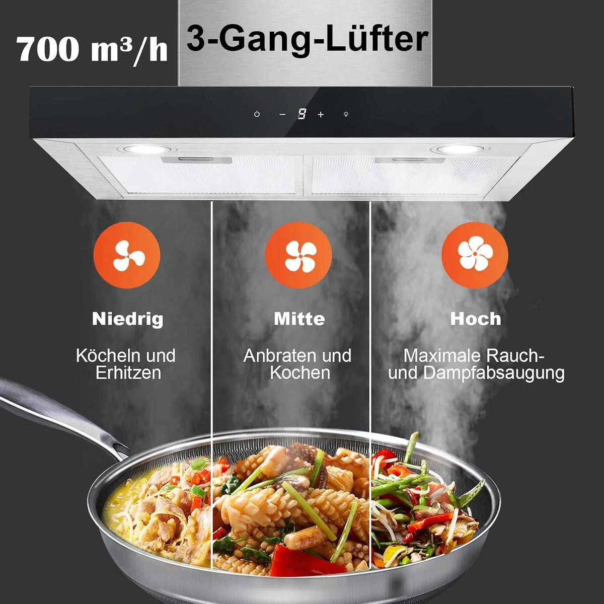 TopStrong okap kuchenny 60 cm, strumień powietrza 700 m³/h, stal nierdzewna, 9-stopniowe sterowanie Soft Touch, 2 W światło LED, okap wyciągowy obiegowy/wylot powietrza