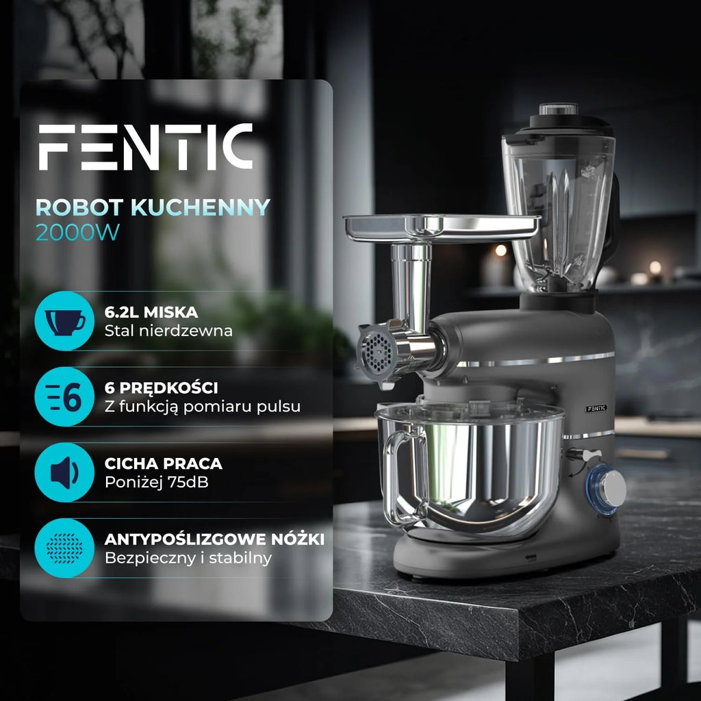 Robot kuchenny 2000 W, robot kuchenny, procesor żywności, miska do mieszania 6,2 l, w zestawie maszynka do mielenia mięsa, blender i dodatkowe akcesoria (Antracytowy)