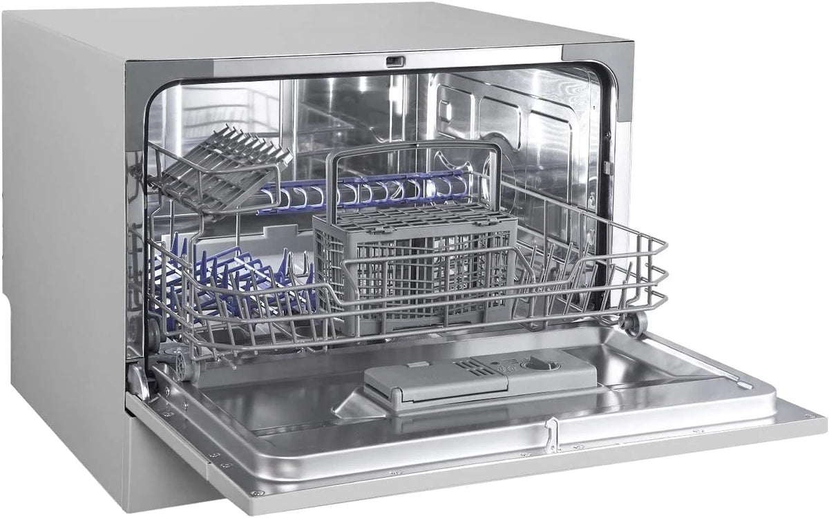 COMFEE' Kompaktowa zmywarka stołowa TD602E-S mini zmywarka z 6 pokrywkami, 6 programami, wyświetlaczem LED, opóźnionym startem i funkcją mycia w godzinach poza końcówką - srebrna