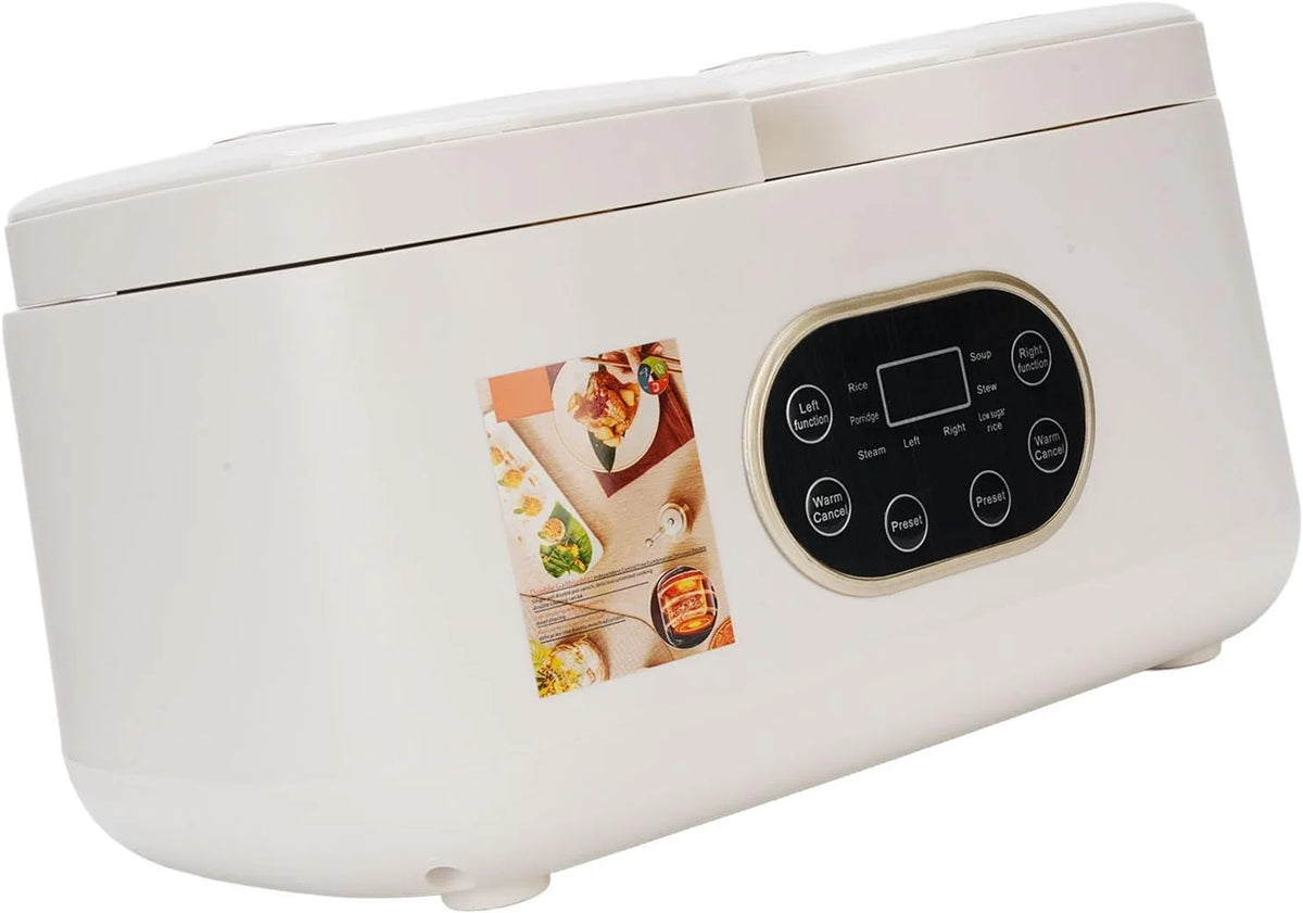 Cocoarm Podwójna Wolnowarowa Kuchenka do Gotowania Ryżu z 2 Wyjmowanymi Garnkami Ceramicznymi 2 L i L Wysuwanymi Pokrywkami Timer Utrzymujący Ciepło Wielofunkcyjny Serwer w Formie Bufetu na
