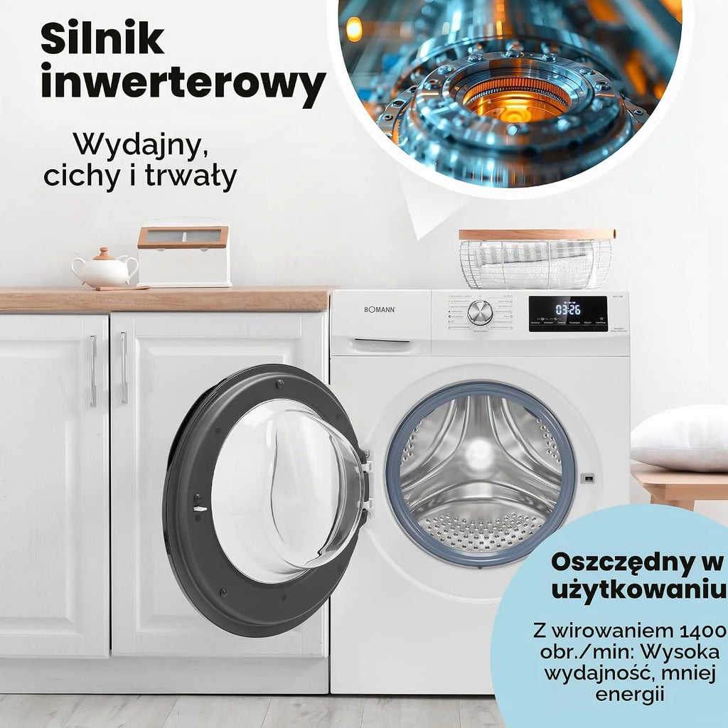 Bomann® Pralko-suszarka | pranie i suszenie w jednym cyklu | pranie 8 kg, suszenie 5 kg | silnik inwertorowy | 1400 obr./min | funkcja pary | zintegrowana pralka z suszarką | WAT 7186 biała