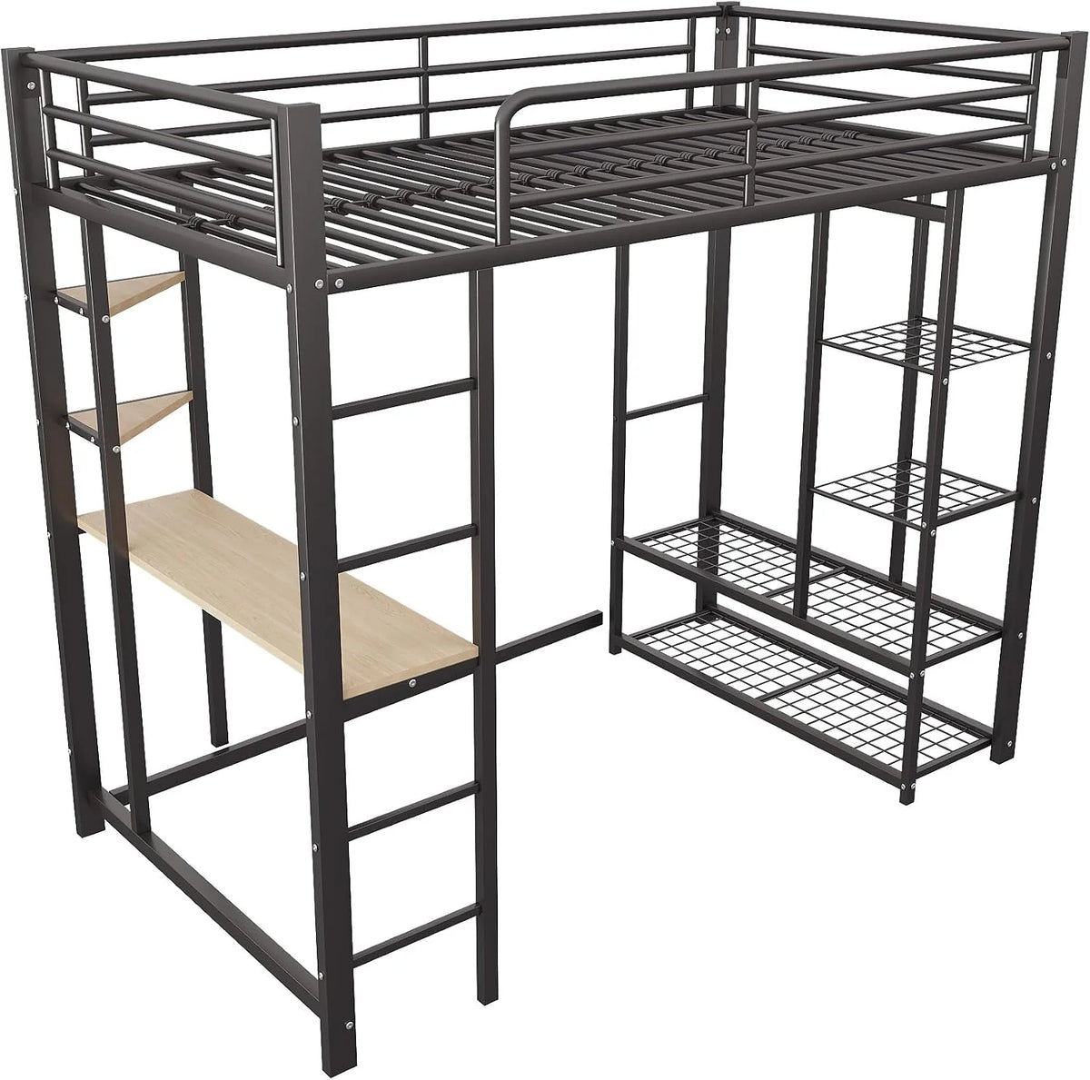 Dolamaní Łóżko piętrowe 90 x 200 cm, z biurkiem i regałem, dla młodzieży i dorosłych, nośność 120 kg, metalowe łóżko ze stelażem ze stelażem, stabilne i otwarte miejsce do zawieszenia, czarne