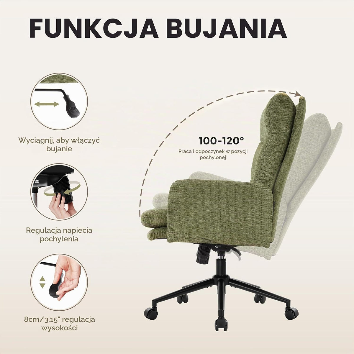 IWMH Krzesło do biura domowego, krzesło biurkowe z wysokim oparciem, tapicerowane krzesło biurowe z kółkami i podłokietnikami, fotel o regulowanej wysokości, ergonomiczne obrotowe krzesło biurkowe