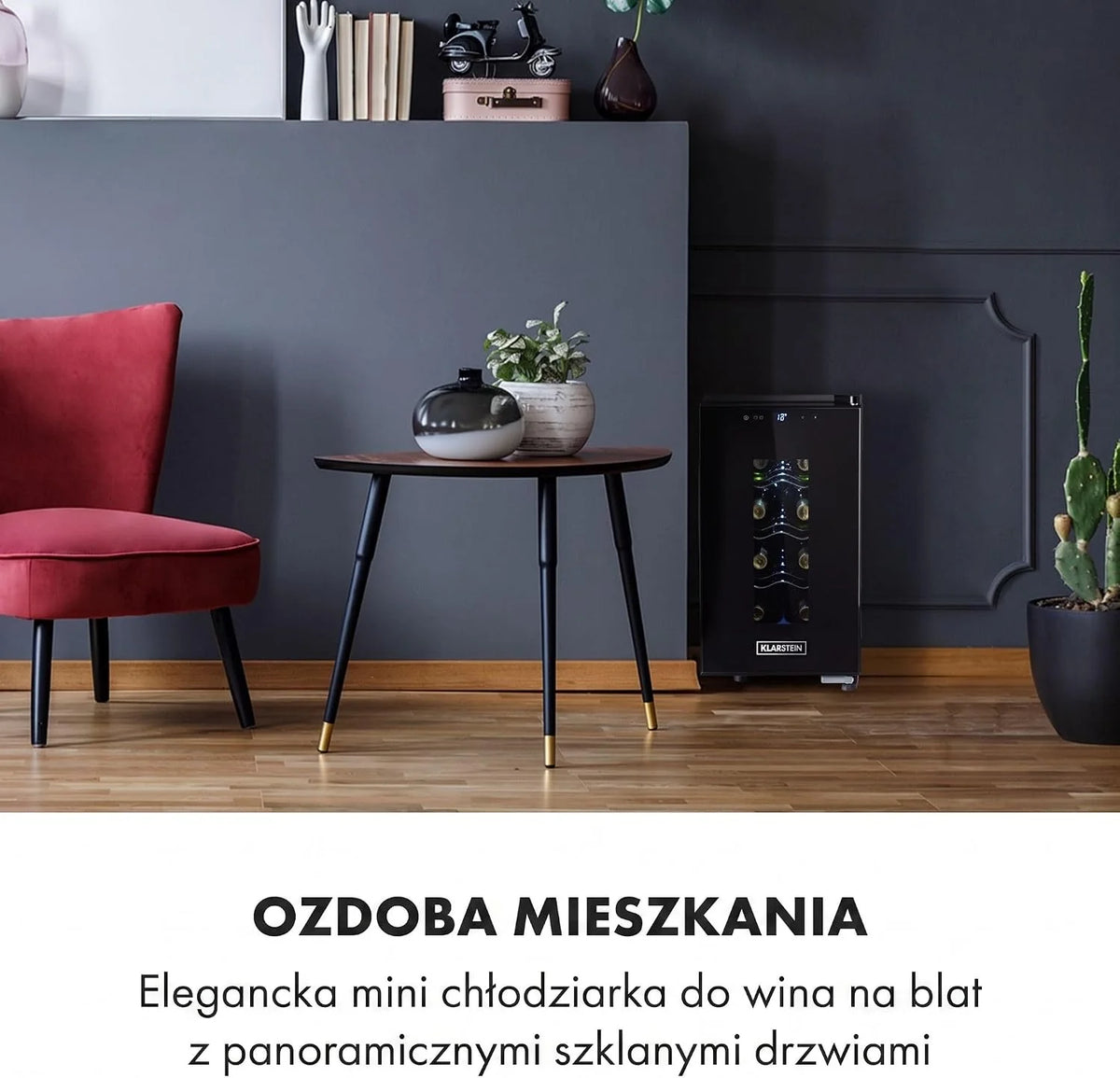 Klarstein Chłodziarka do wina, Wąska lodówka na napoje, 1 strefa, lodówka ze szklanymi drzwiami, Wolnostojące chłodziarki, Mała chłodziarka do wina, Ochrona UV, 11-18°C, 8 butelek