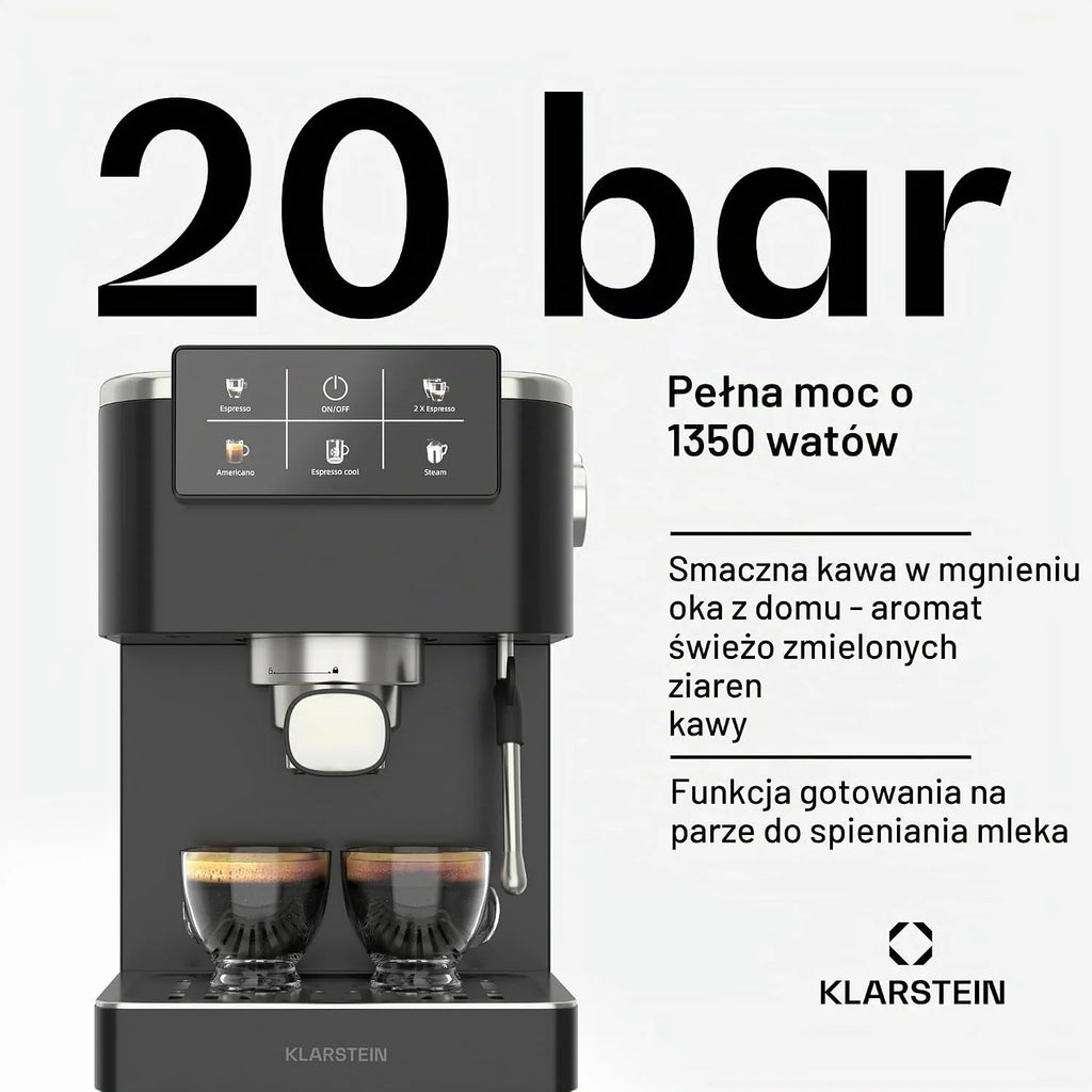 Klarstein SteelPresso Touch Ekspres kolbowy – 20 barów, 1350 W, Stal nierdzewna, Zbiornik 1,5 l, Wyświetlacz dotykowy, Zintegrowany spieniacz do mleka, Kompaktowy design, Ekspres do kawy