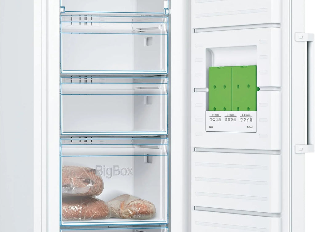 Bosch GSN33FWEV, seria 4, zamrażarka wolnostojąca, 176 x 60 cm, 225 l zamrażania, No Frost, duża szuflada na duże produkty mrożone, elastyczne wnętrze dzięki Vario Zone, Multi AirFlow, biała
