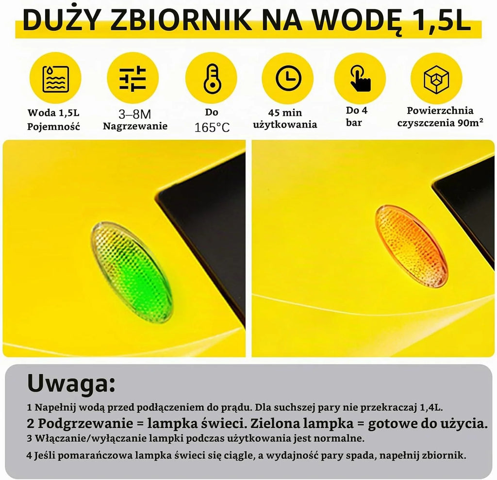 Myjka parowa 2000 W z 23 akcesoriami (w zestawie szczotki zapasowe), ciśnienie pary regulowane do 4 barów na uchwycie, zbiornik na wodę 1,5 l, nawijacz kabla i przegródka na akcesoria, do wszystkich