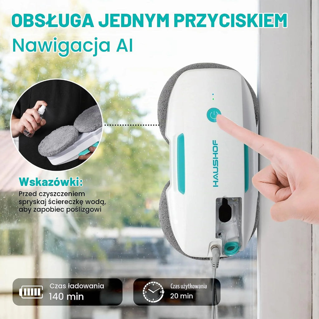 HAUSHOF Robot do mycia okien z funkcją spryskiwania, 3800 PA, elektryczna myjka do okien, inteligentna nawigacja, pilot zdalnego sterowania, z myjką do szyb i chusteczkami, podwójna ochrona, do okien