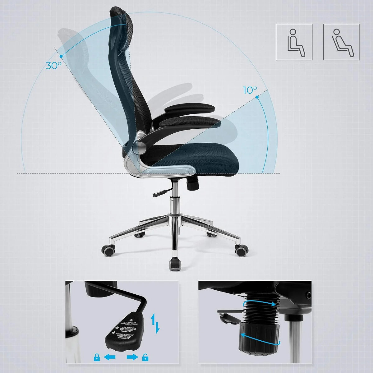 SONGMICS fotel biurowy, ergonomiczny z siatki, odchylane podłokietniki