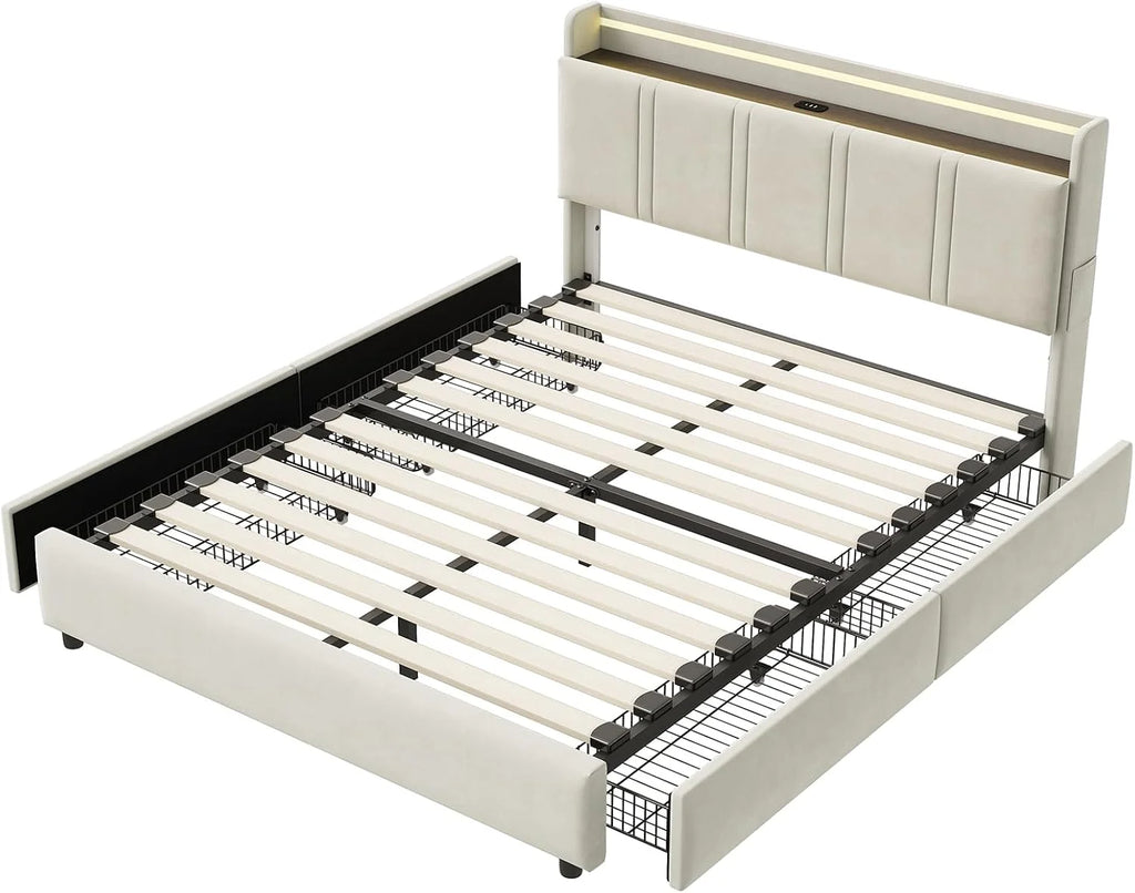 Łóżko podwójne 160 x 200 cm z 4 szufladami, rama łóżka z diodami LED i USB, łóżko tapicerowane z zagłówkiem z otwartą półką, beżowe