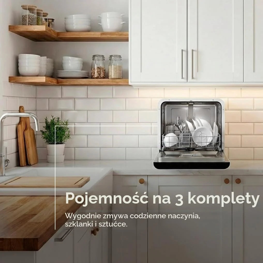 Zmywarka EVVO Mini D Trip 3 - kompaktowa zmywarka na biurku, 3 usługi, klasa energetyczna C, 6 programów, suszenie dodatkowe powietrze świeże, dotykowy panel LED, odroczony start, bez instalacji
