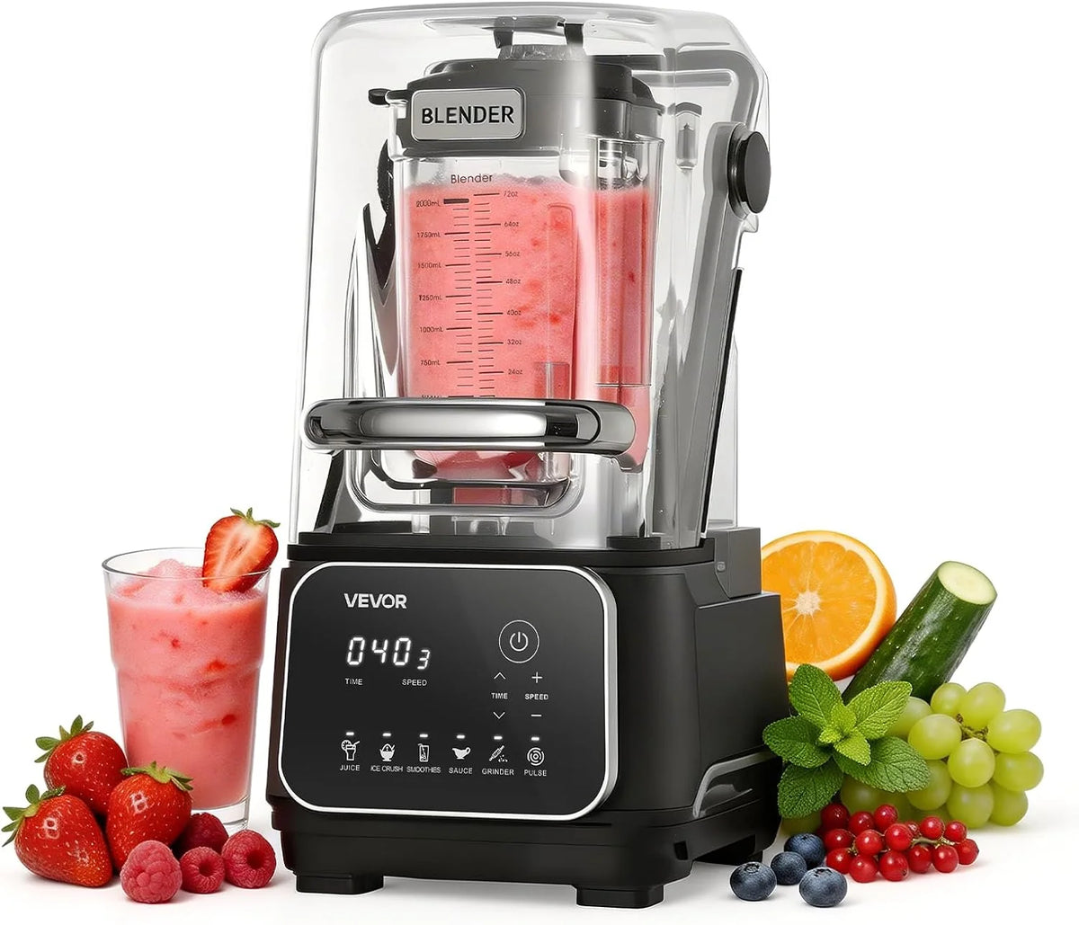 VEVOR Elektryczny blender stołowy do smoothie, 2 litry 2200 W prędkość 26000 obr./min, rozdrabniacz do soków owocowych, samooczyszczanie, 6 zaprogramowanych programów, czarny
